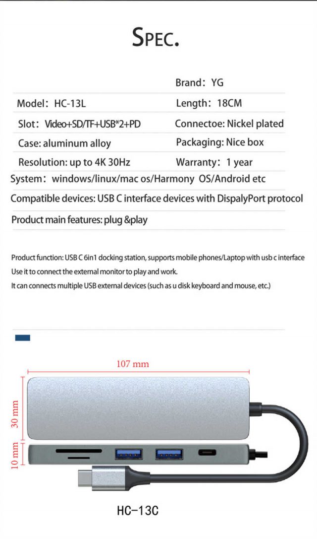JSHC-13C USB C 6in1 docking station, supports mobile phonesLaptop with usb c interfaceUse it to connect the external monitor to play and work.