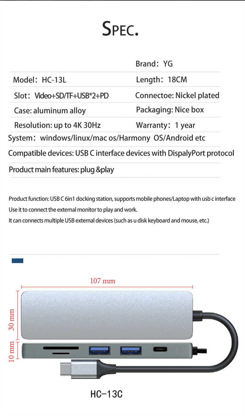 JSHC-13C USB C 6in1 docking station, supports mobile phonesLaptop with usb c interfaceUse it to connect the external monitor to play and work.