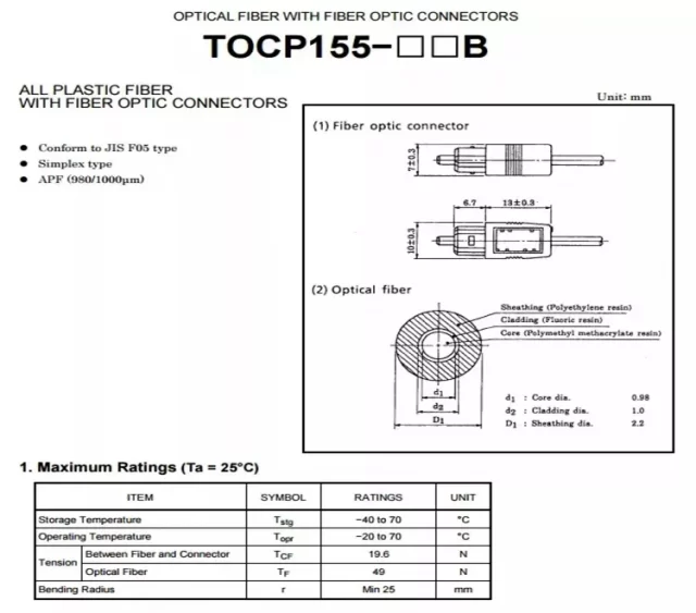 datasheet and specification of Toshiba TOCP155 Optic Fiber Cable with TOCP 155 Connectors