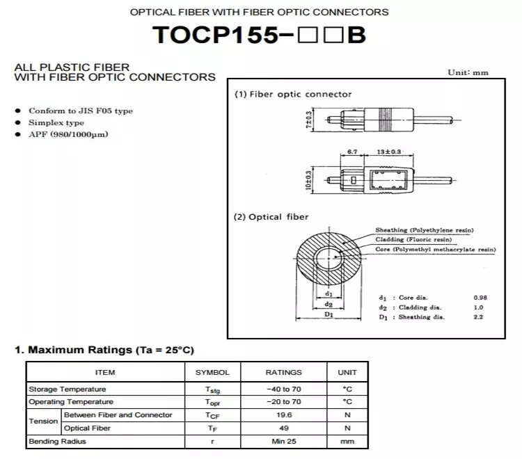 datasheet and specification of Toshiba TOCP155 Optic Fiber Cable with TOCP 155 Connectors