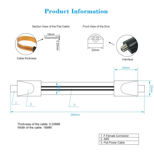 Extreme Slim Flat Power Cable Female F Connector Fits Under Doors Windows Without Drilling extension line Specification datasheet