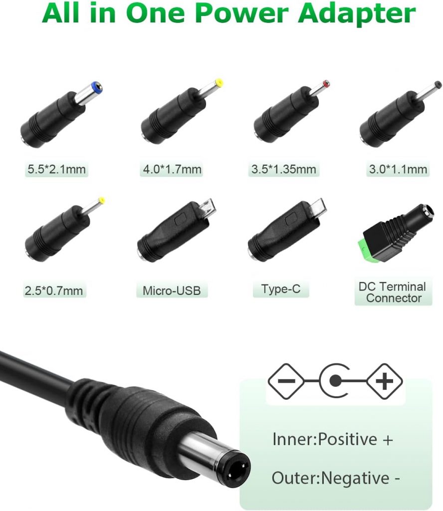 All in one power adapter Universal DC power supply adater with DC Plug, USB C, Micro USB