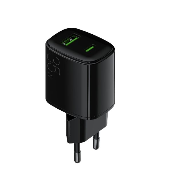 EU plug wall charger 35W PD with USB-C USB-A output Black