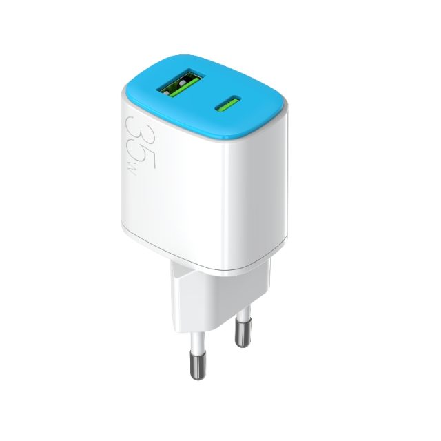 Eeropean plug dual ports wall charger 35W USB-A USB-C outlets white color