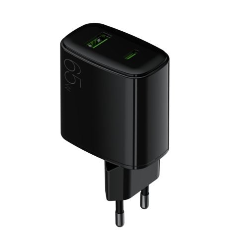 Europe 2-pin plug fast charging 65W 2 ports USB-A USB-C for cell phone black