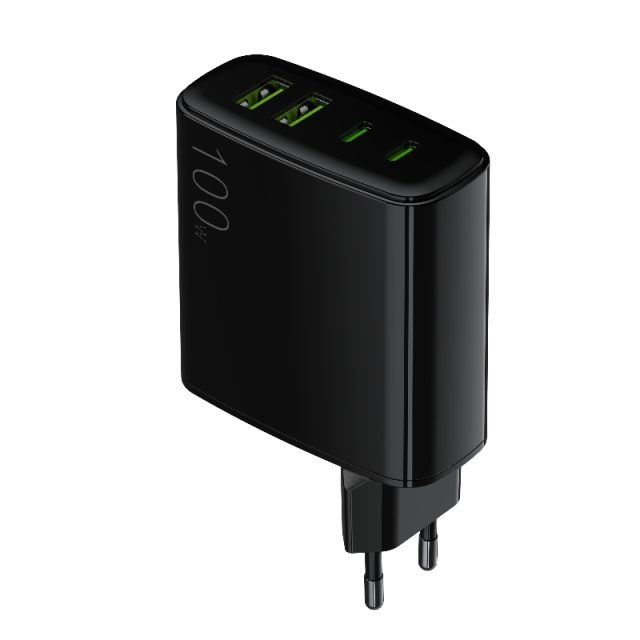 Europe 2pin plug 100W fast charging PD 4 ports outlet 2 USB-A USB-C Black