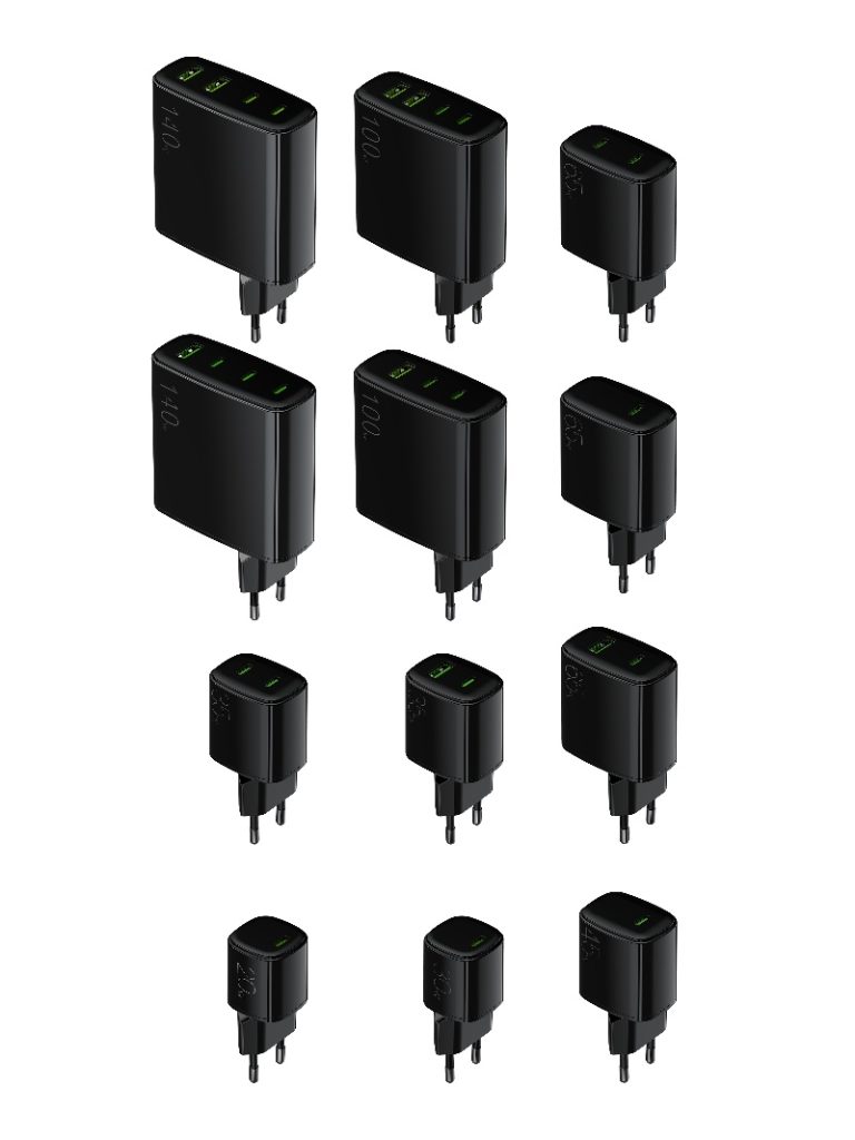 photos of European USB wall charger 2-pin fast charing PD with USB-C USB-A ports black color